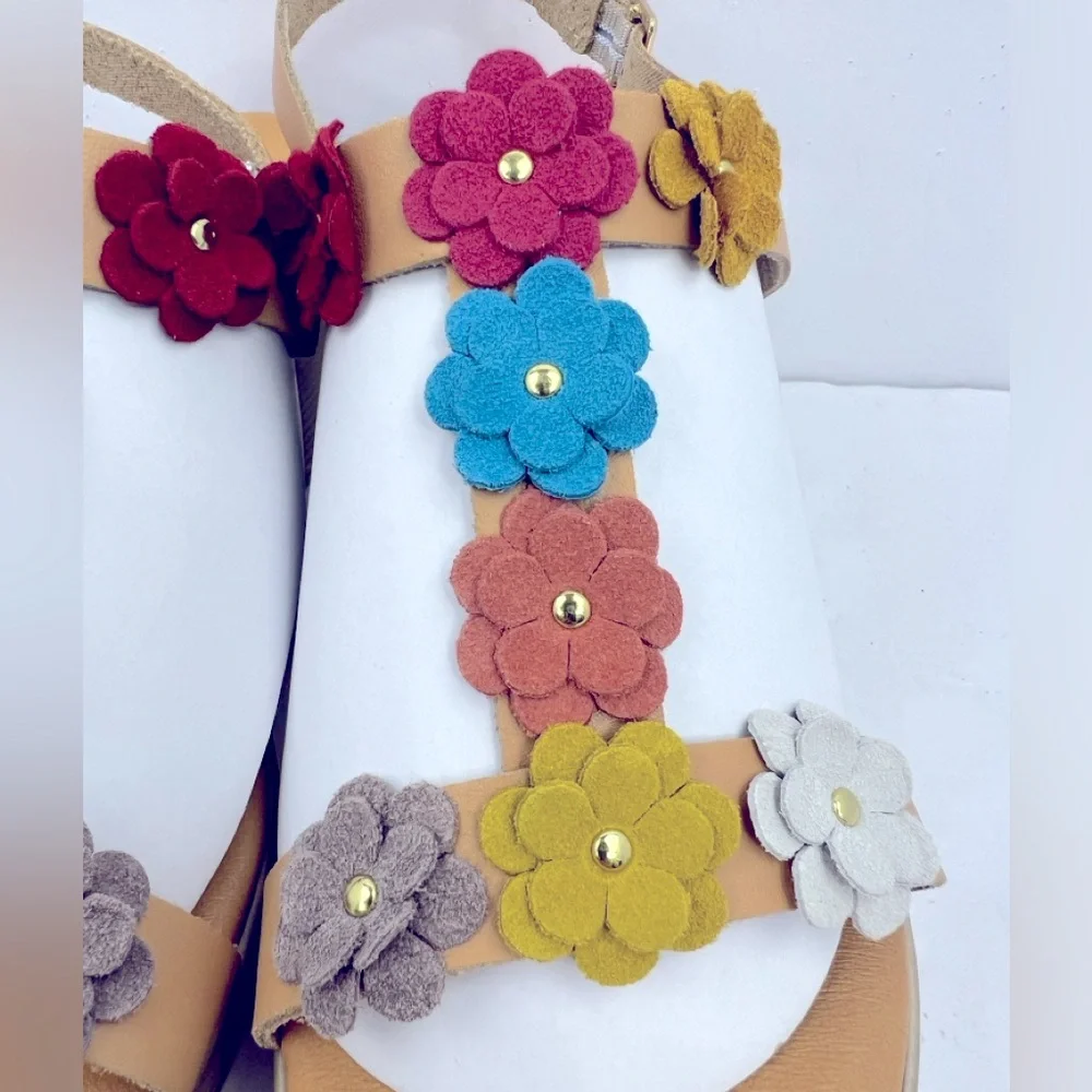 AVELLINI GENUINE LEATHER COLORFUL FLORAL PLATFORM, TAN STRAPS, ITALIAN, SIZE9